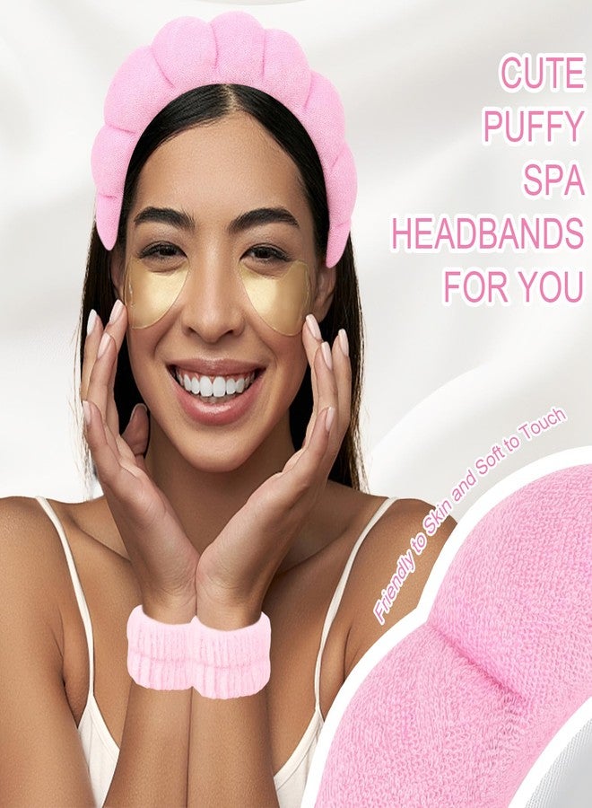 ACO-UINT 6Pcs Pink Spa Headband and Wrist Washband Set, Skincare Makeup Headband, Sponge Face Wash Terry Cloth Puffy Hair Band for Washing Face - Image 5